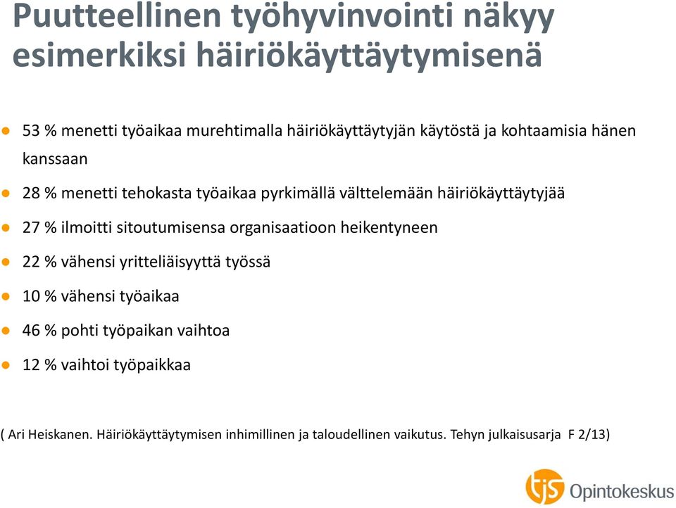 sitoutumisensa organisaatioon heikentyneen 22 % vähensi yritteliäisyyttä työssä 10 % vähensi työaikaa 46 % pohti työpaikan