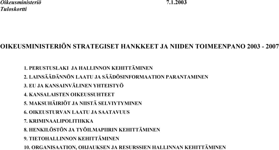 EU JA KANSAINVÄLINEN YHTEISTYÖ 4. KANSALAISTEN OIKEUSSUHTEET 5. MAKSUHÄIRIÖT JA NIISTÄ SELVIYTYMINEN 6.