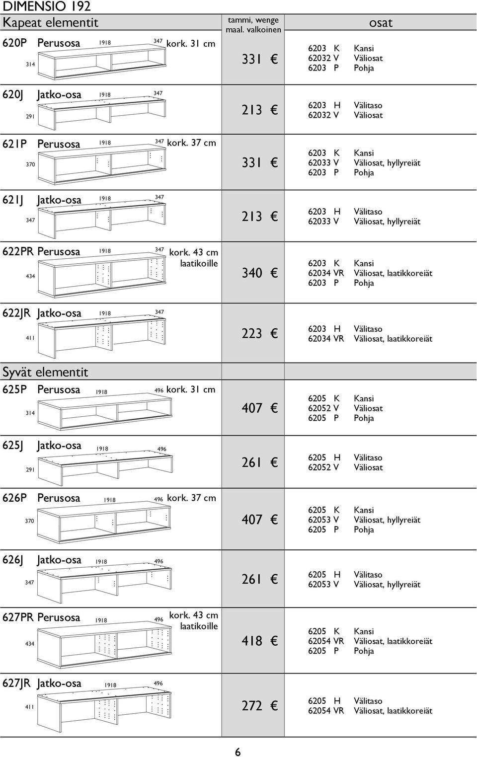 37 cm 331 6203 K 62033 V 6203 P, hyllyreiät 621J 213 6203 H 62033 V, hyllyreiät 622PR Perusosa 340 6203 K 62034 VR 6203 P, laatikkoreiät 622JR 2 6203 H