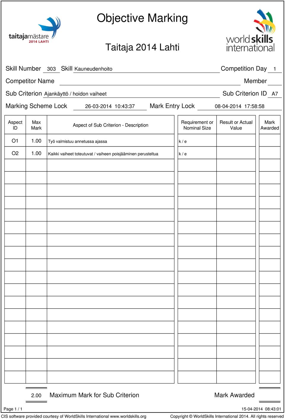 Requirement or Nominal Size Result or Actual Value O1 1.