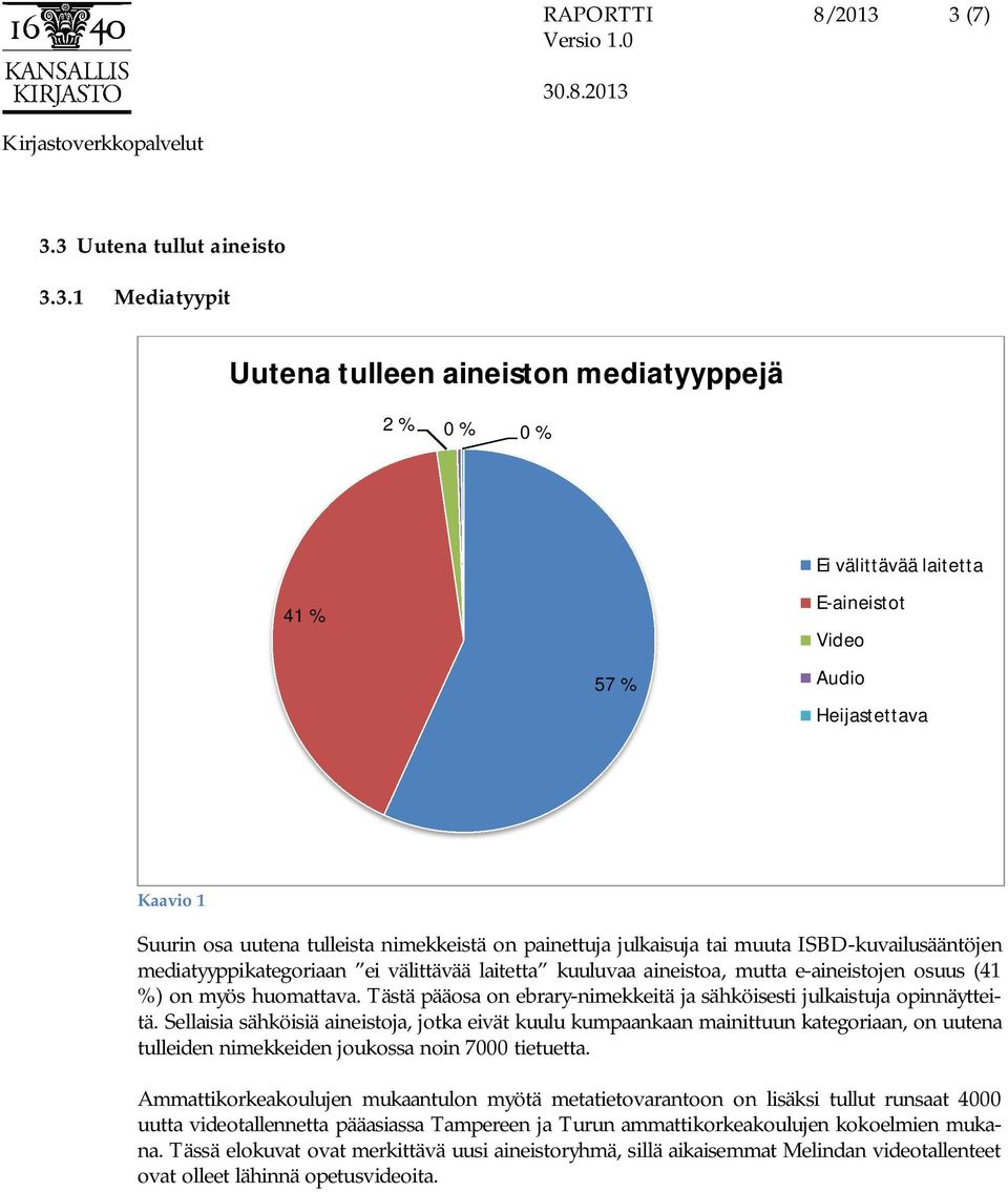 tulleista nimekkeistä on painettuja julkaisuja tai muuta ISBD-kuvailusääntöjen mediatyyppikategoriaan ei välittävää laitetta kuuluvaa aineistoa, mutta e-aineistojen osuus (41 %) on myös huomattava.