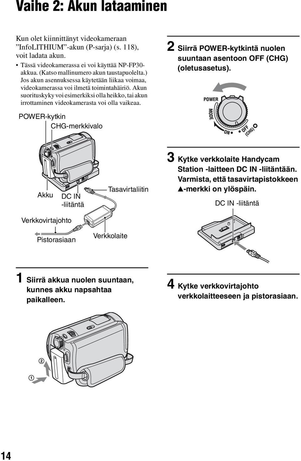 Akun suorituskyky voi esimerkiksi olla heikko, tai akun irrottaminen videokamerasta voi olla vaikeaa. 2 Siirrä POWER-kytkintä nuolen suuntaan asentoon OFF (CHG) (oletusasetus).