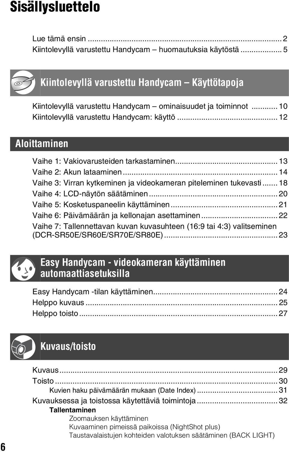 .. 12 Aloittaminen Vaihe 1: Vakiovarusteiden tarkastaminen... 13 Vaihe 2: Akun lataaminen... 14 Vaihe 3: Virran kytkeminen ja videokameran piteleminen tukevasti... 18 Vaihe 4: LCD-näytön säätäminen.