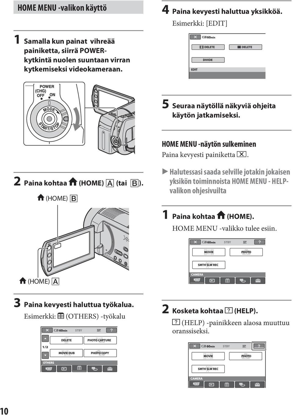 5 Seuraa näytöllä näkyviä ohjeita käytön jatkamiseksi. HOME MENU -näytön sulkeminen Paina kevyesti painiketta. 2 Paina kohtaa (HOME) (tai ).