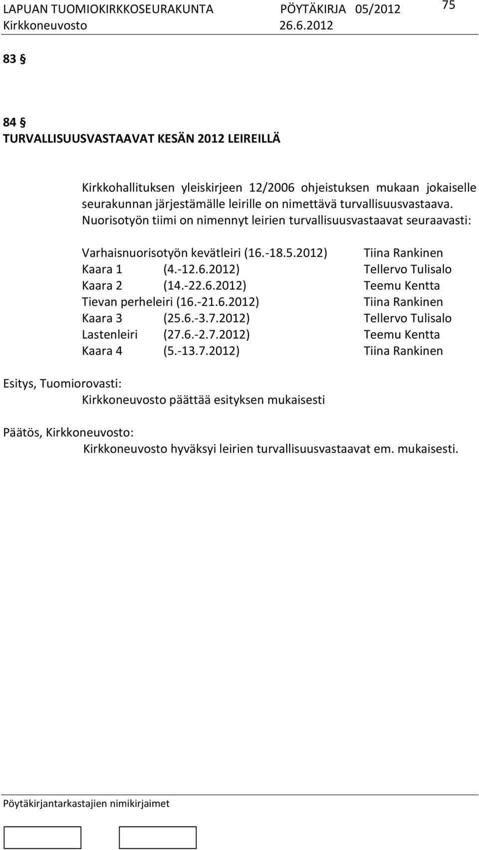 -22.6.2012) Teemu Kentta Tievan perheleiri (16.-21.6.2012) Tiina Rankinen Kaara 3 (25.6.-3.7.