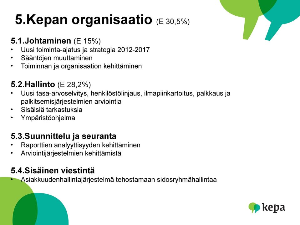 12-2017 Sääntöjen muuttaminen Toiminnan ja organisaation kehittäminen 5.2.Hallinto (E 28,2%) Uusi tasa-arvoselvitys,