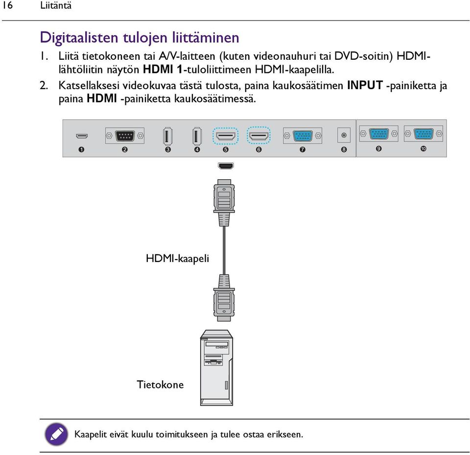 HDMI 1-tuloliittimeen HDMI-kaapelilla. 2.