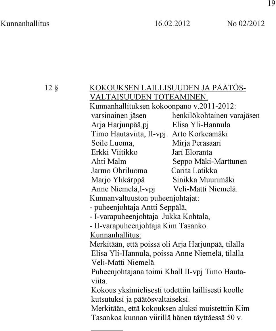 Arto Korkeamäki Soile Luoma, Mirja Peräsaari Erkki Viitikko Jari Eloranta Ahti Malm Seppo Mäki-Marttunen Jarmo Ohriluoma Carita Latikka Marjo Ylikärppä Sinikka Muurimäki Anne Niemelä,I-vpj Veli-Matti