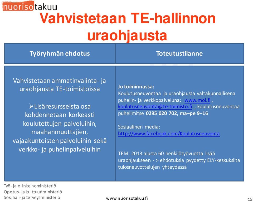 valtakunnallisena puhelin ja verkkopalveluna: www.mol.fi, koulutusneuvonta@te toimisto.fi, koulutusneuvontaa puhelimitse 0295 020 702, ma pe 9 16 Sosiaalinen media: http://www.facebook.