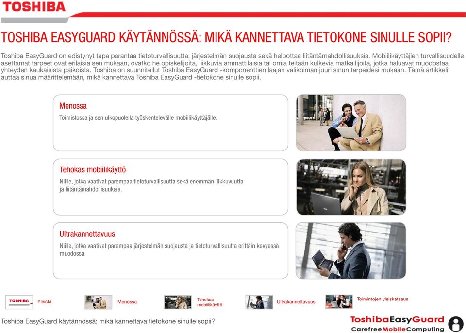 yhteyden kaukaisista paikoista. Toshiba on suunnitellut Toshiba EasyGuard -komponenttien laajan valikoiman juuri sinun tarpeidesi mukaan.