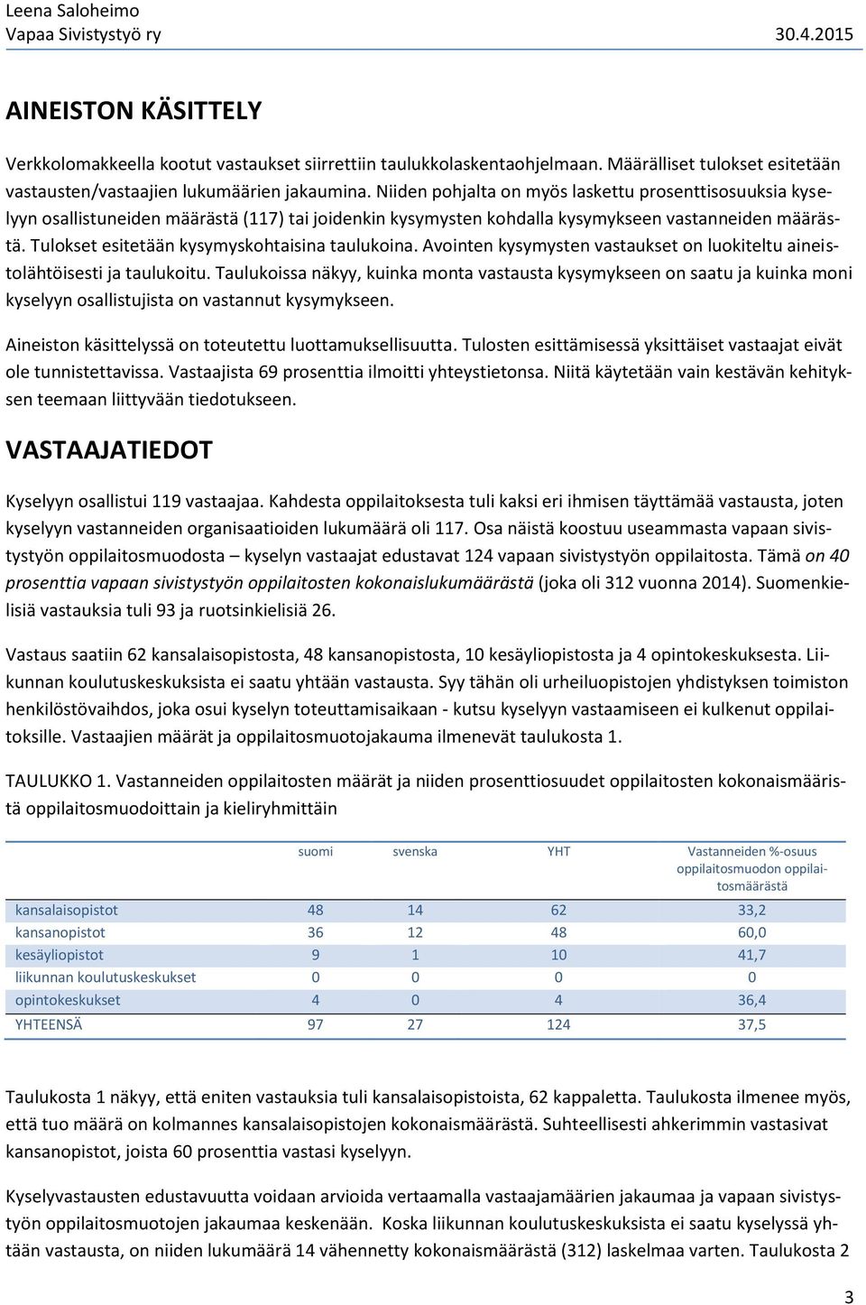 Tulokset esitetään kysymyskohtaisina taulukoina. Avointen kysymysten vastaukset on luokiteltu aineistolähtöisesti ja taulukoitu.