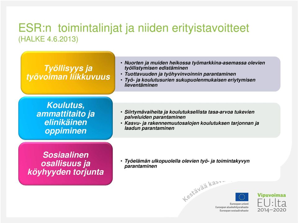 työhyvinvoinnin parantaminen Työ- ja koulutusurien sukupuolenmukaisen eriytymisen lieventäminen Koulutus, ammattitaito ja elinikäinen oppiminen