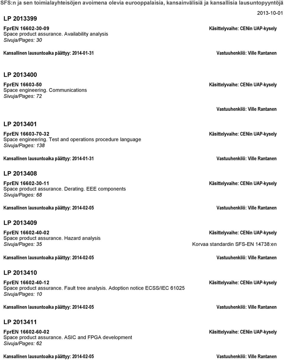 Test and operations procedure language Sivuja/Pages: 138 Kansallinen lausuntoaika päättyy: 2014-01-31 LP 2013408 FprEN 16602-30-11 Space product assurance. Derating.