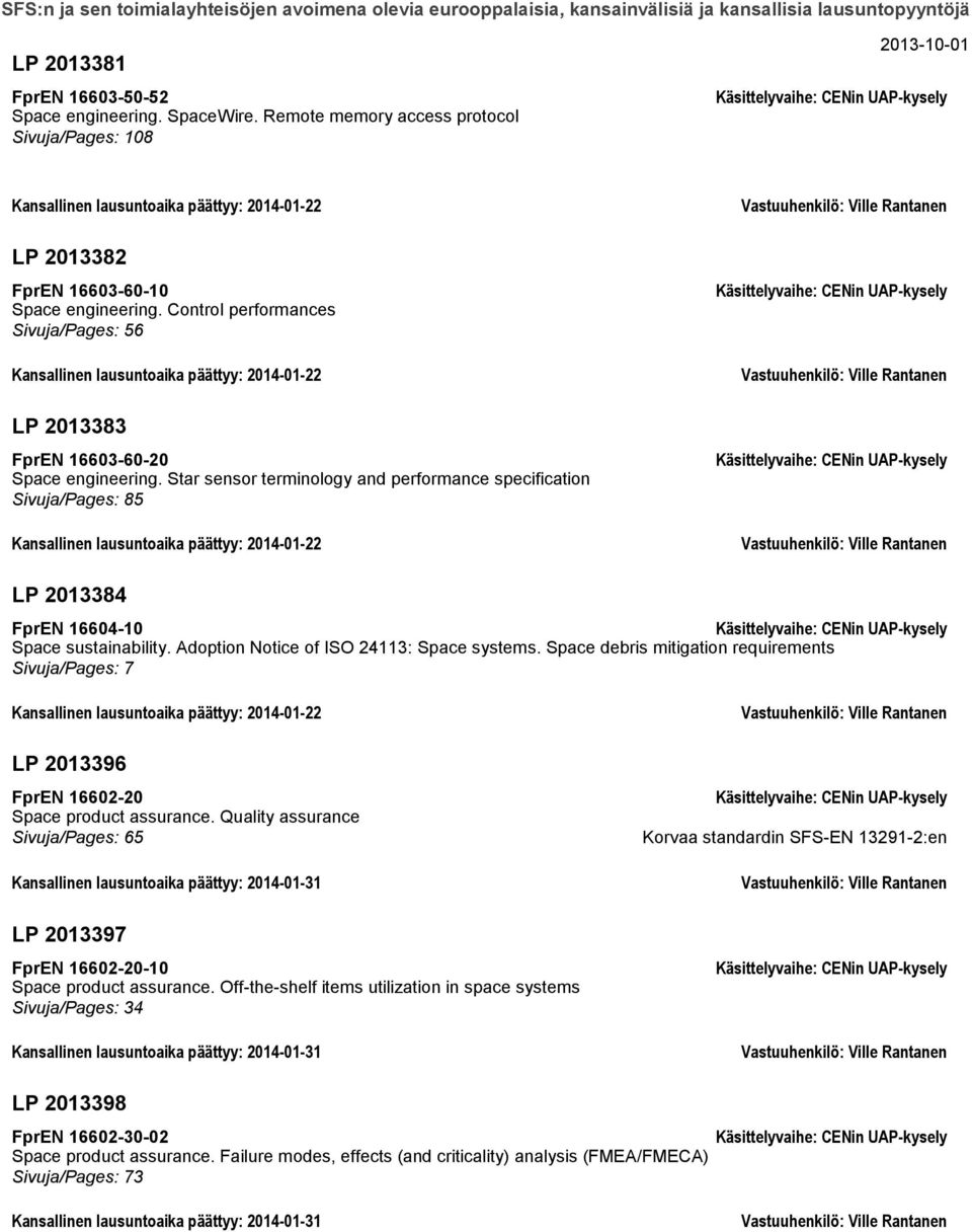 Star sensor terminology and performance specification Sivuja/Pages: 85 Kansallinen lausuntoaika päättyy: 2014-01-22 LP 2013384 FprEN 16604-10 Space sustainability.