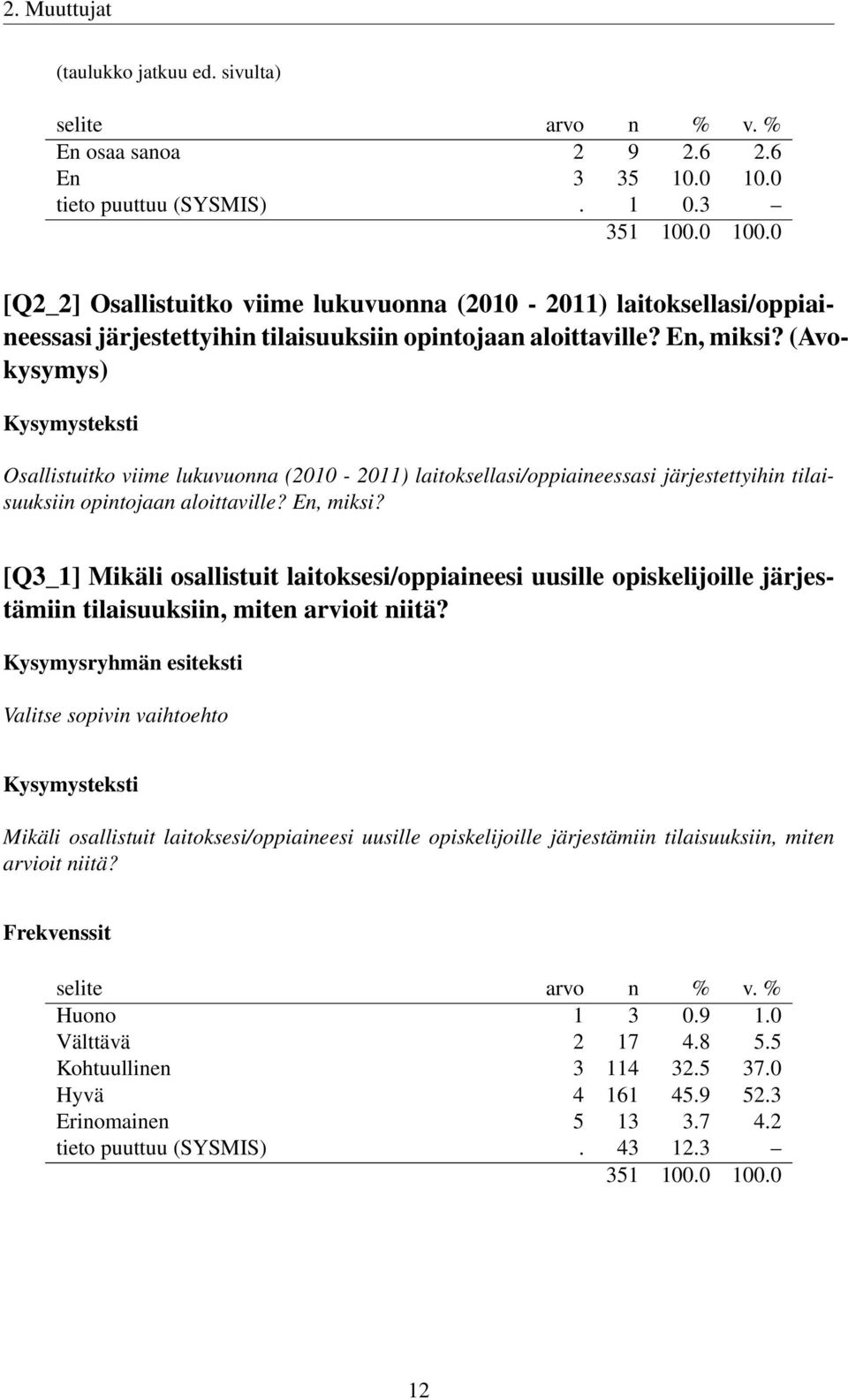 (Avokysymys) Osallistuitko viime lukuvuonna (2010-2011) laitoksellasi/oppiaineessasi järjestettyihin tilaisuuksiin opintojaan aloittaville? En, miksi?