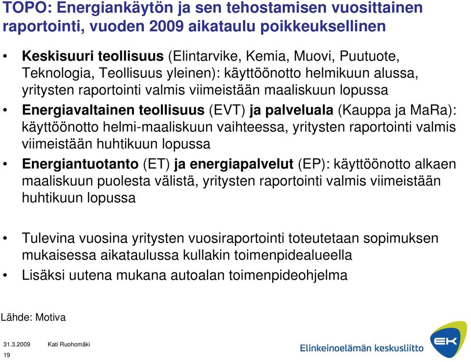 yritysten raportointi valmis viimeistään huhtikuun lopussa Energiantuotanto (ET) ja energiapalvelut (EP): käyttöönotto alkaen maaliskuun puolesta välistä, yritysten raportointi valmis viimeistään