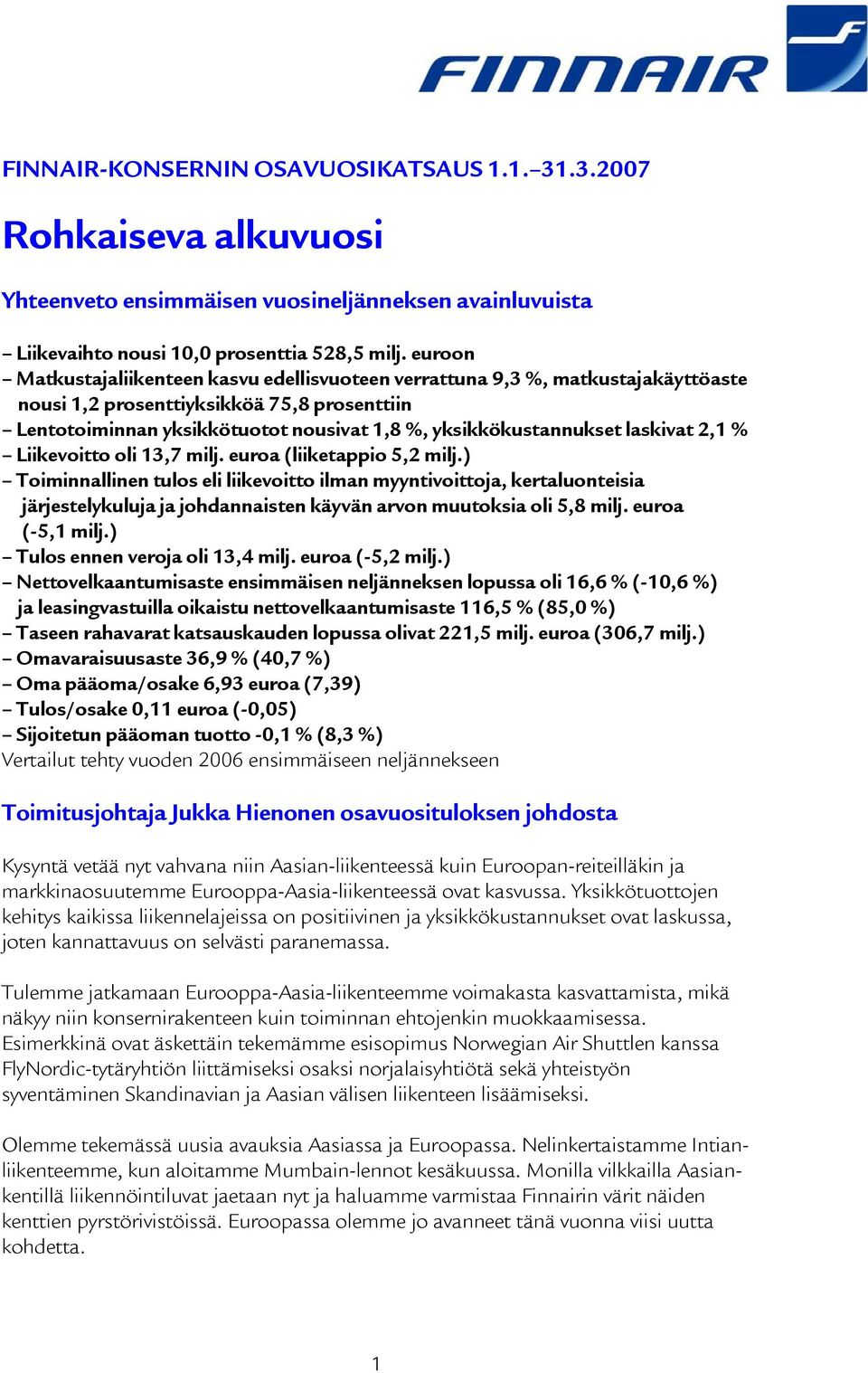 laskivat 2,1 % Liikevoitto oli 13,7 milj. euroa (liiketappio 5,2 milj.