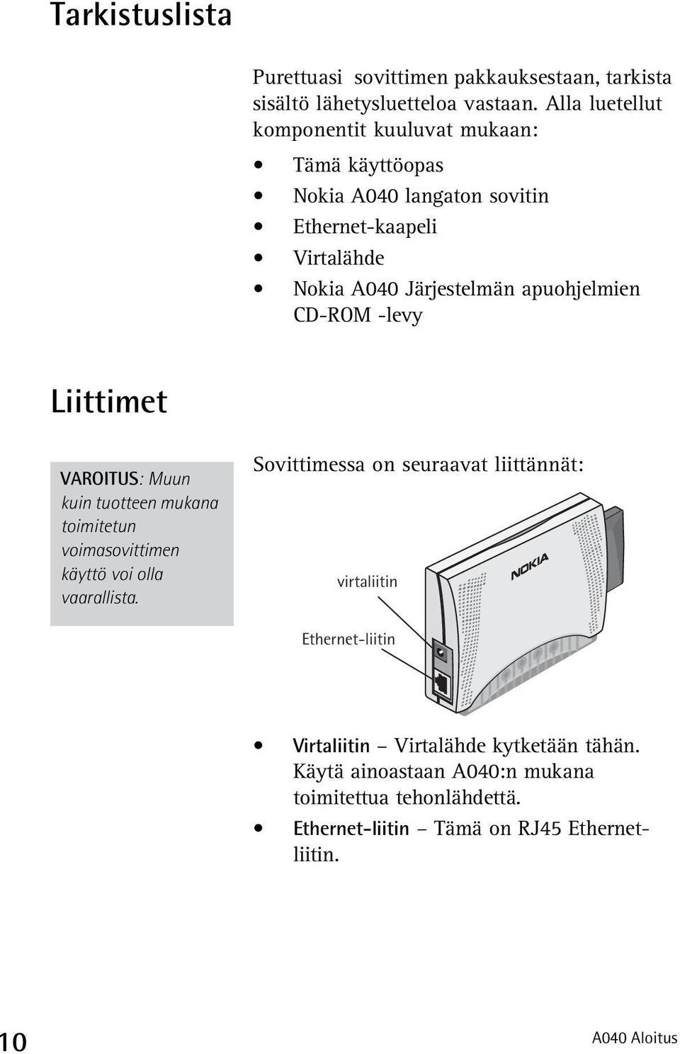 apuohjelmien CD-ROM -levy Liittimet VAROITUS: Muun kuin tuotteen mukana toimitetun voimasovittimen käyttö voi olla vaarallista.