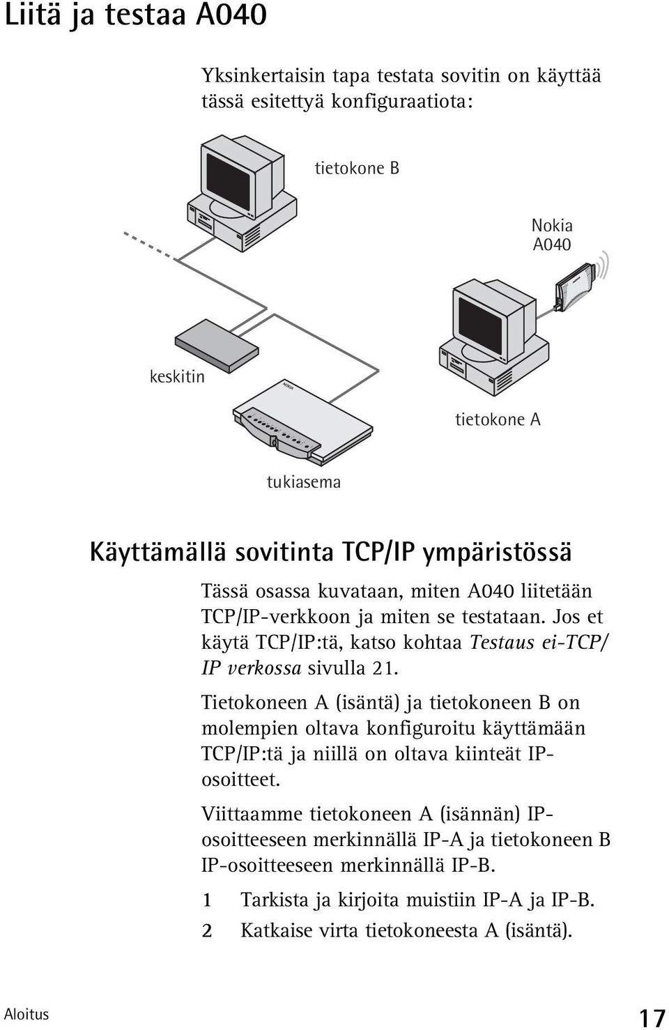 testataan. Jos et käytä TCP/IP:tä, katso kohtaa Testaus ei-tcp/ IP verkossa sivulla 21.