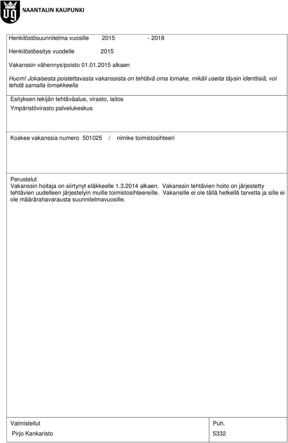 palvelukeskus Koskee vakanssia numero 501025 / nimike toimistosihteeri Perustelut Vakanssin hoitaja on siirtynyt eläkkeelle 1.3.2014 alkaen.