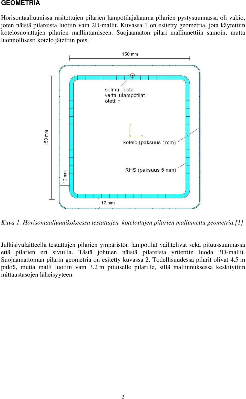 Horisontaaliuunikokeessa testattujen koteloitujen pilarien mallinnettu geometria.