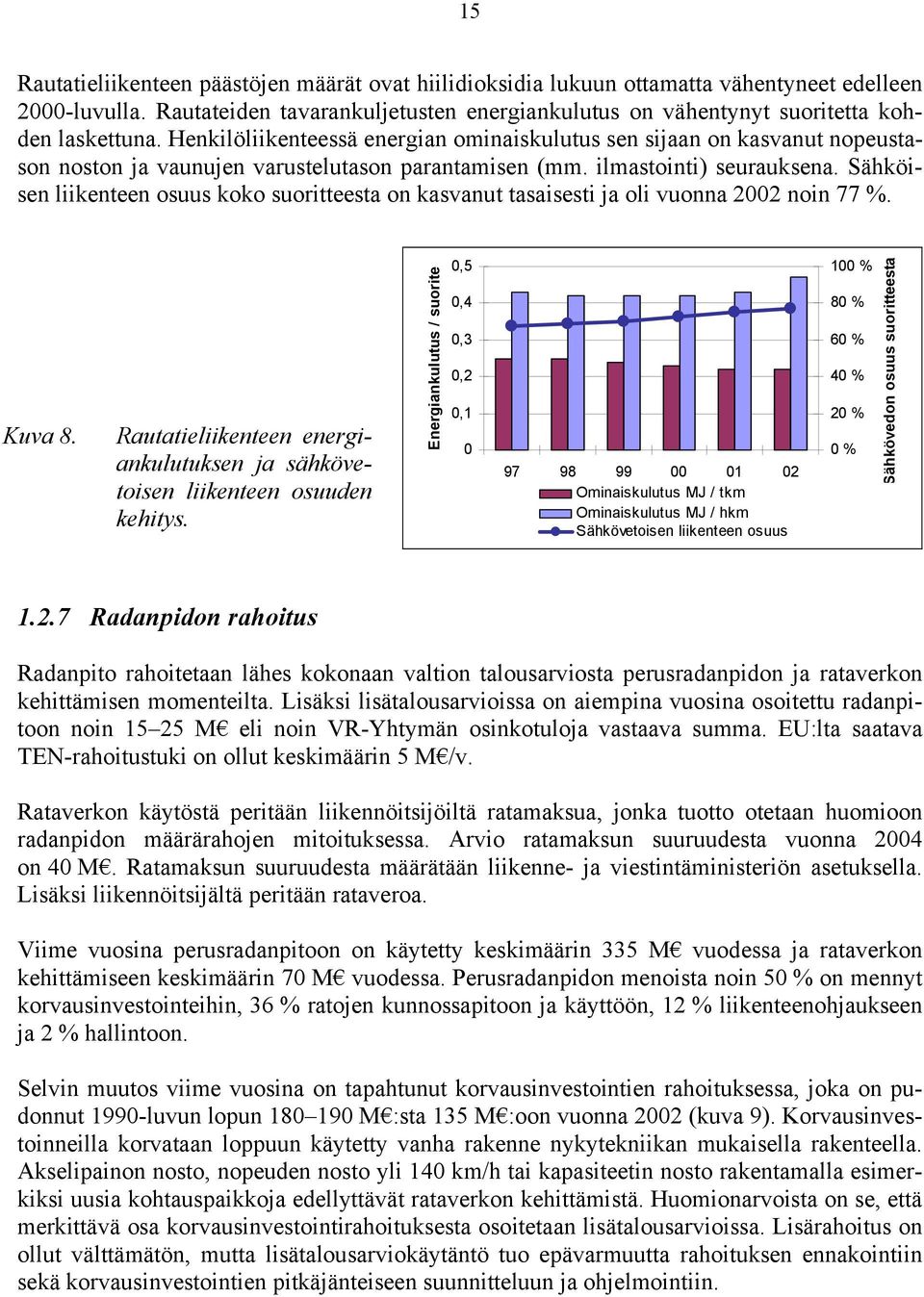 Henkilöliikenteessä energian ominaiskulutus sen sijaan on kasvanut nopeustason noston ja vaunujen varustelutason parantamisen (mm. ilmastointi) seurauksena.