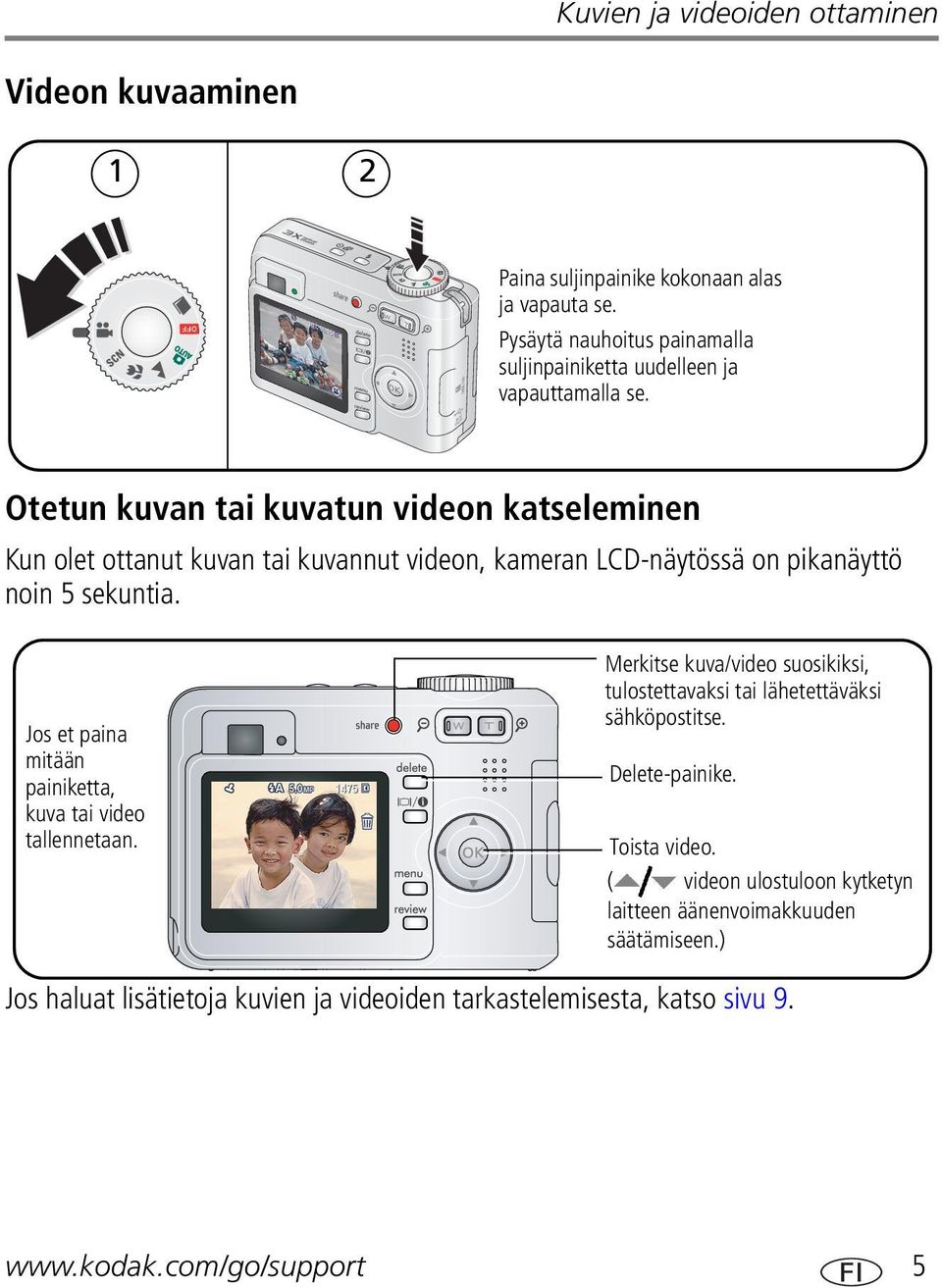 Otetun kuvan tai kuvatun videon katseleminen Kun olet ottanut kuvan tai kuvannut videon, kameran LCD-näytössä on pikanäyttö noin 5 sekuntia.