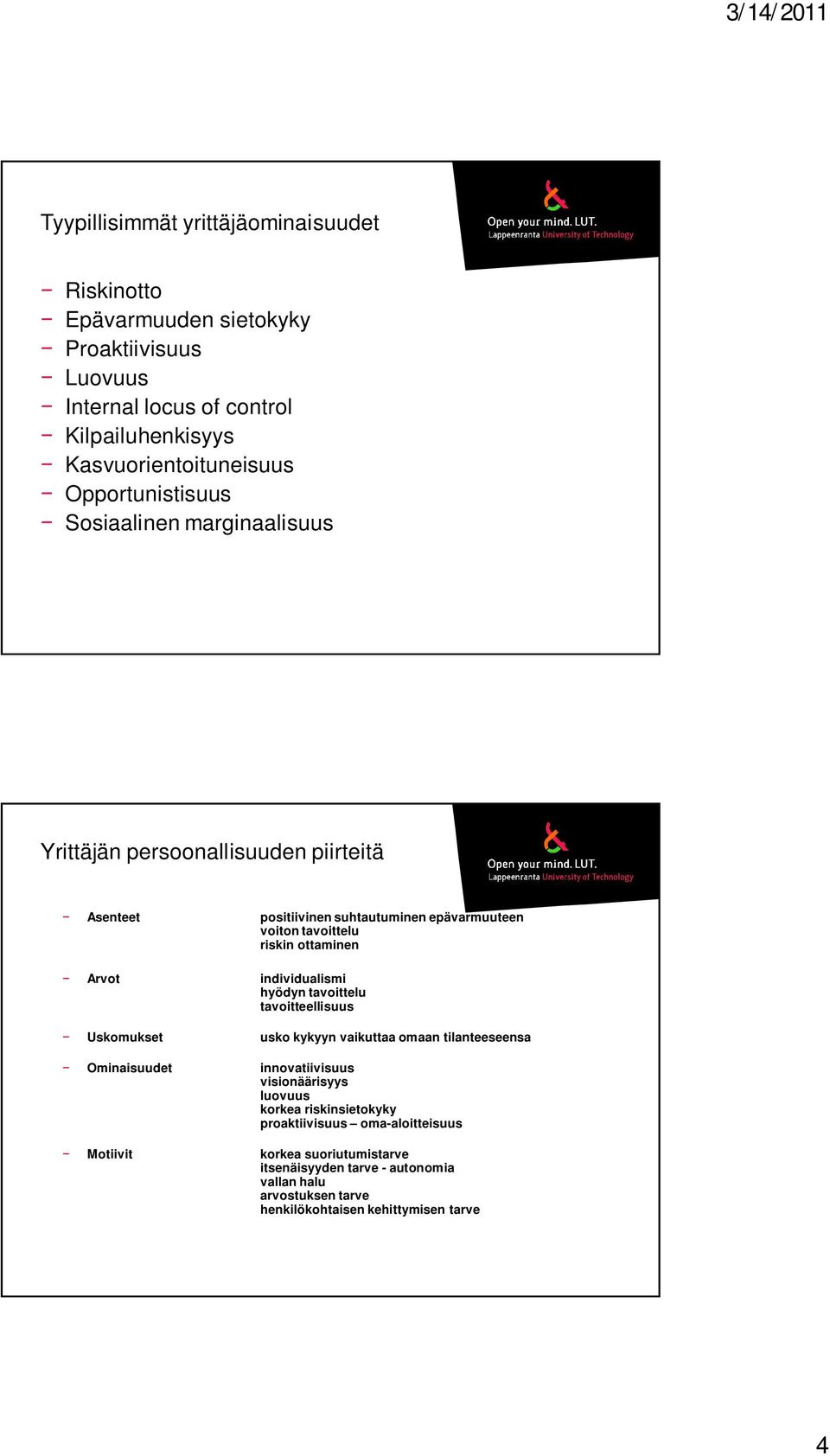 Arvot individualismi hyödyn tavoittelu tavoitteellisuus Uskomukset usko kykyyn vaikuttaa omaan tilanteeseensa Ominaisuudet innovatiivisuus visionäärisyys luovuus