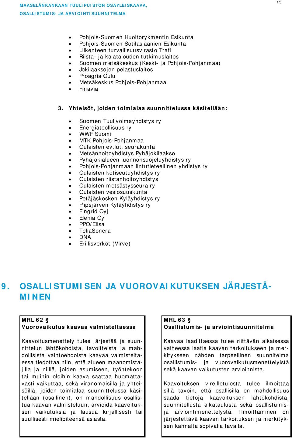 Yhteisöt, joiden toimialaa suunnittelussa käsitellään: Suomen Tuulivoimayhdistys ry Energiateollisuus ry WWF Suomi MTK Pohjois-Pohjanmaa Oulaisten ev.lut.