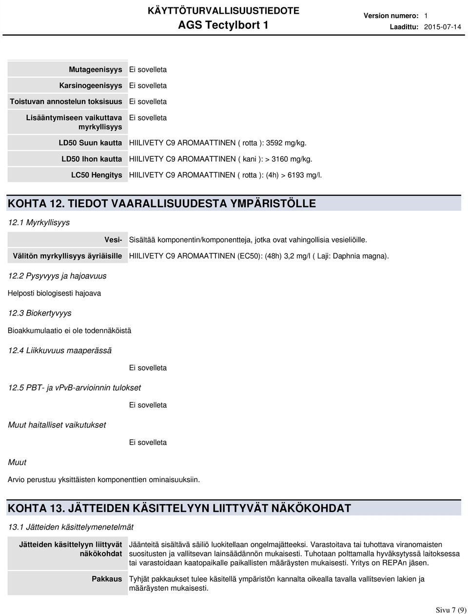 1 Myrkyllisyys Vesi- Välitön myrkyllisyys äyriäisille Sisältää komponentin/komponentteja, jotka ovat vahingollisia vesieliöille.