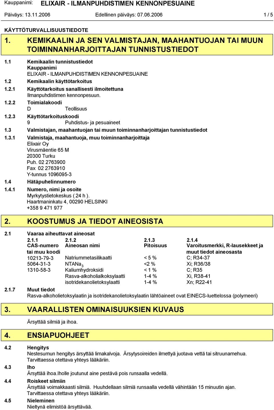 3 Valmistajan, maahantuojan tai muun toiminnanharjoittajan tunnistustiedot 1.3.1 Valmistaja, maahantuoja, muu toiminnanharjoittaja Elixair Oy Virusmäentie 65 M 20300 Turku Puh.