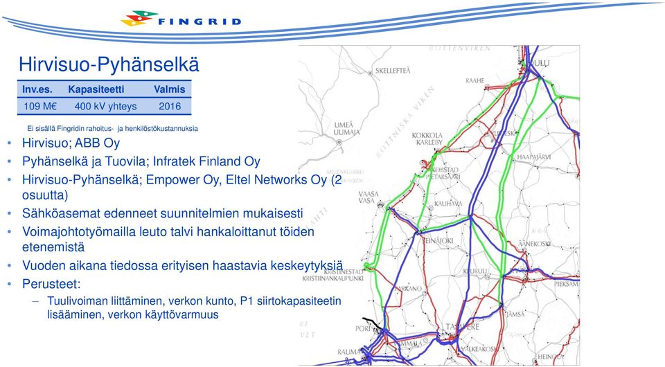 ja Tuovila; Infratek Finland Oy Hirvisuo-Pyhänselkä; Empower Oy, Eltel Networks Oy (2 osuutta) Sähköasemat edenneet suunnitelmien