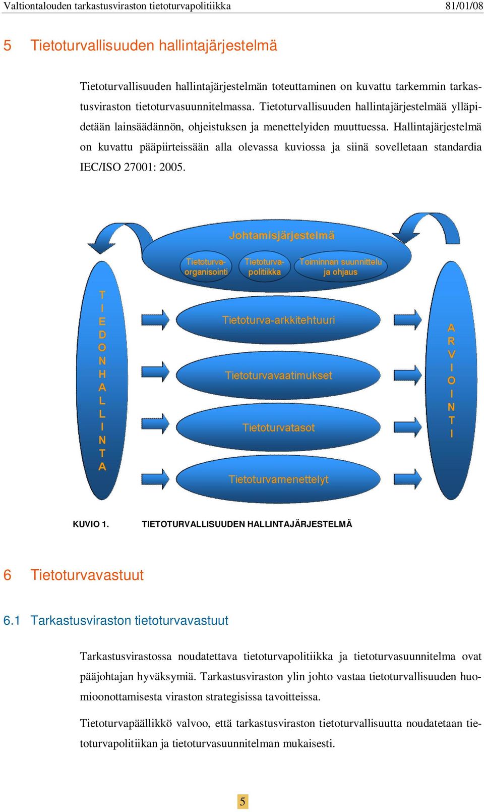 Hallintajärjestelmä on kuvattu pääpiirteissään alla olevassa kuviossa ja siinä sovelletaan standardia IEC/ISO 27001: 2005. KUVIO 1. TIETOTURVALLISUUDEN HALLINTAJÄRJESTELMÄ 6 Tietoturvavastuut 6.