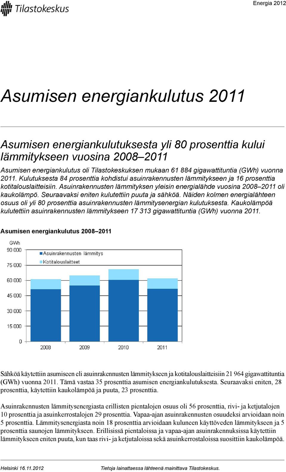 Asuinrakennusten lämmityksen yleisin energialähde vuosina 20082011 oli kaukolämpö. Seuraavaksi eniten kulutettiin puuta ja sähköä.