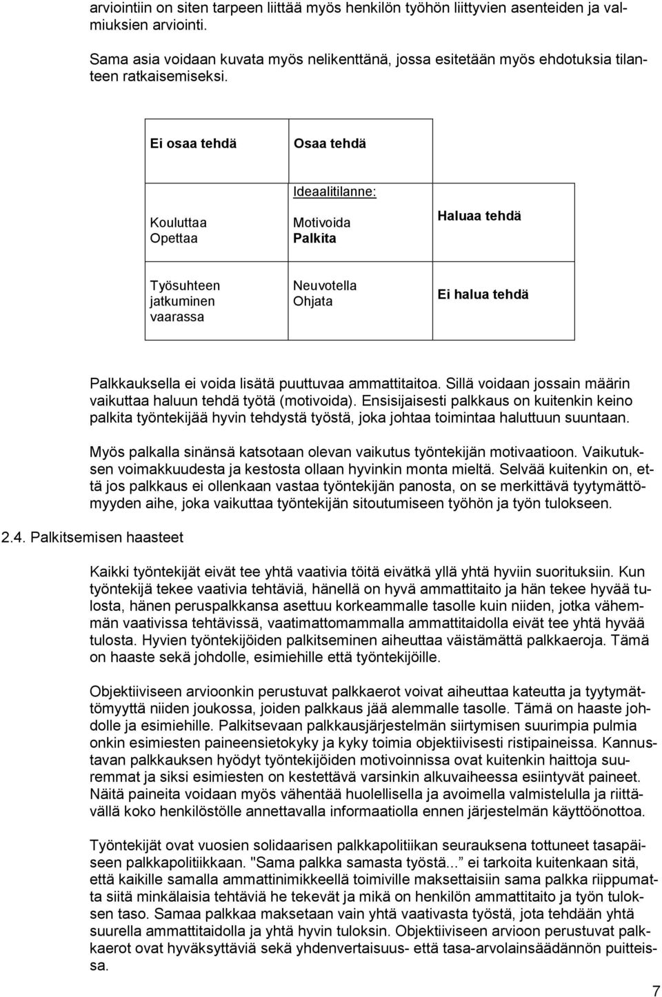 Ei osaa tehdä Osaa tehdä Kouluttaa Opettaa Ideaalitilanne: Motivoida Palkita Haluaa tehdä Työsuhteen jatkuminen vaarassa Neuvotella Ohjata Ei halua tehdä Palkkauksella ei voida lisätä puuttuvaa