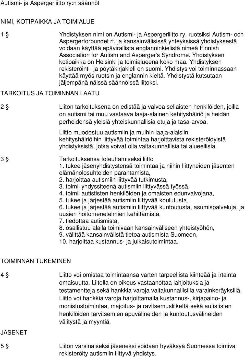 Yhdistyksen rekisteröinti- ja pöytäkirjakieli on suomi. Yhdistys voi toiminnassaan käyttää myös ruotsin ja englannin kieltä. Yhdistystä kutsutaan jäljempänä näissä säännöissä liitoksi.