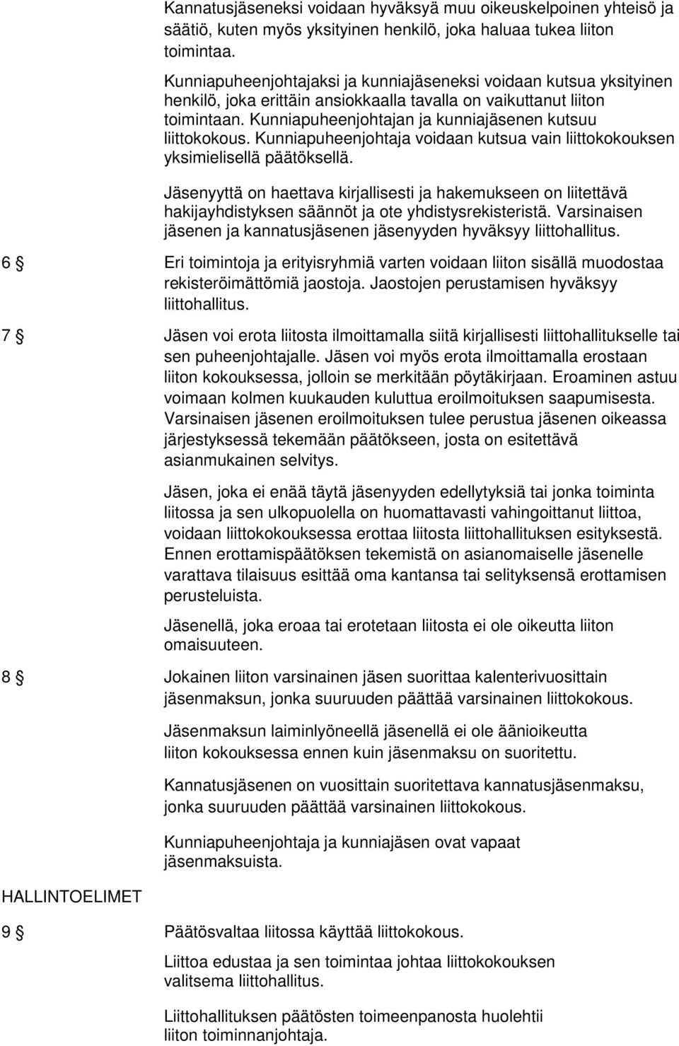 Kunniapuheenjohtajan ja kunniajäsenen kutsuu liittokokous. Kunniapuheenjohtaja voidaan kutsua vain liittokokouksen yksimielisellä päätöksellä.