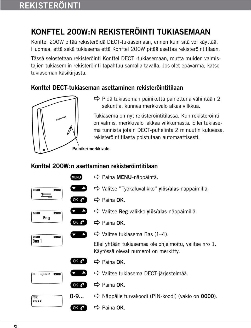 Tässä selostetaan rekisteröinti Konftel DECT -tukiasemaan, mutta muiden valmistajien tukiasemiin rekisteröinti tapahtuu samalla tavalla. Jos olet epävarma, katso tukiaseman käsikirjasta.