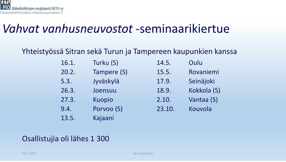 3. Kuopio 9.4. Porvoo (S) 13.5. Kajaani 14.5. Oulu 15.5. Rovaniemi 17.9. Seinäjoki 18.