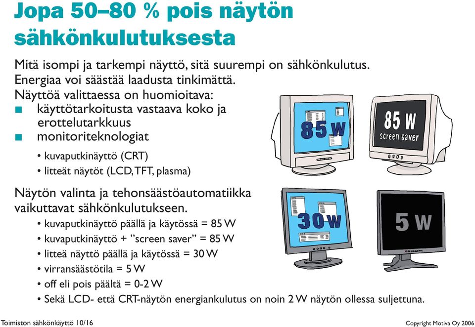 valinta ja tehonsäästöautomatiikka vaikuttavat sähkönkulutukseen.