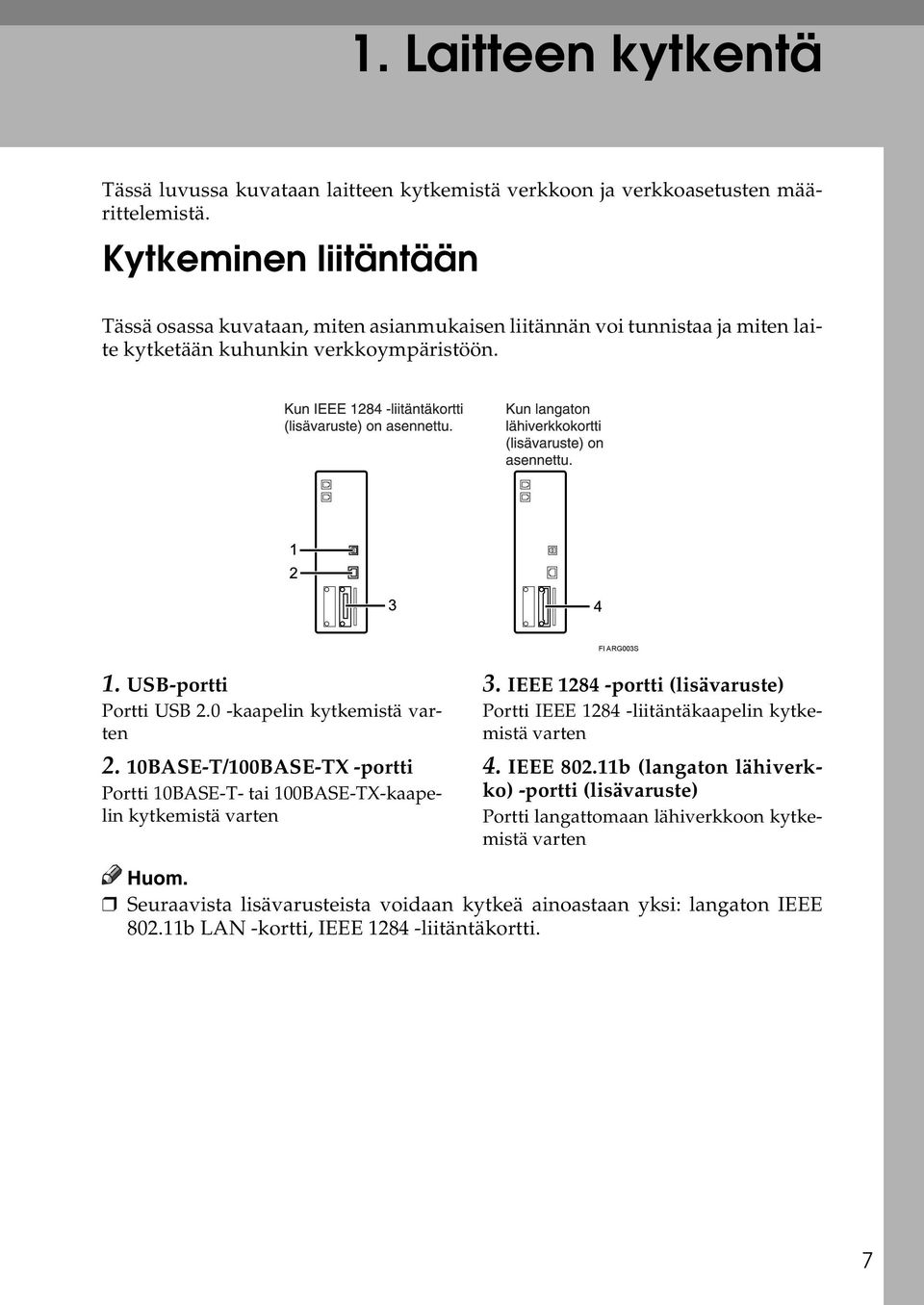 0 -kaapelin kytkemistä varten 2. 10BASE-T/100BASE-TX -portti Portti 10BASE-T- tai 100BASE-TX-kaapelin kytkemistä varten 3.