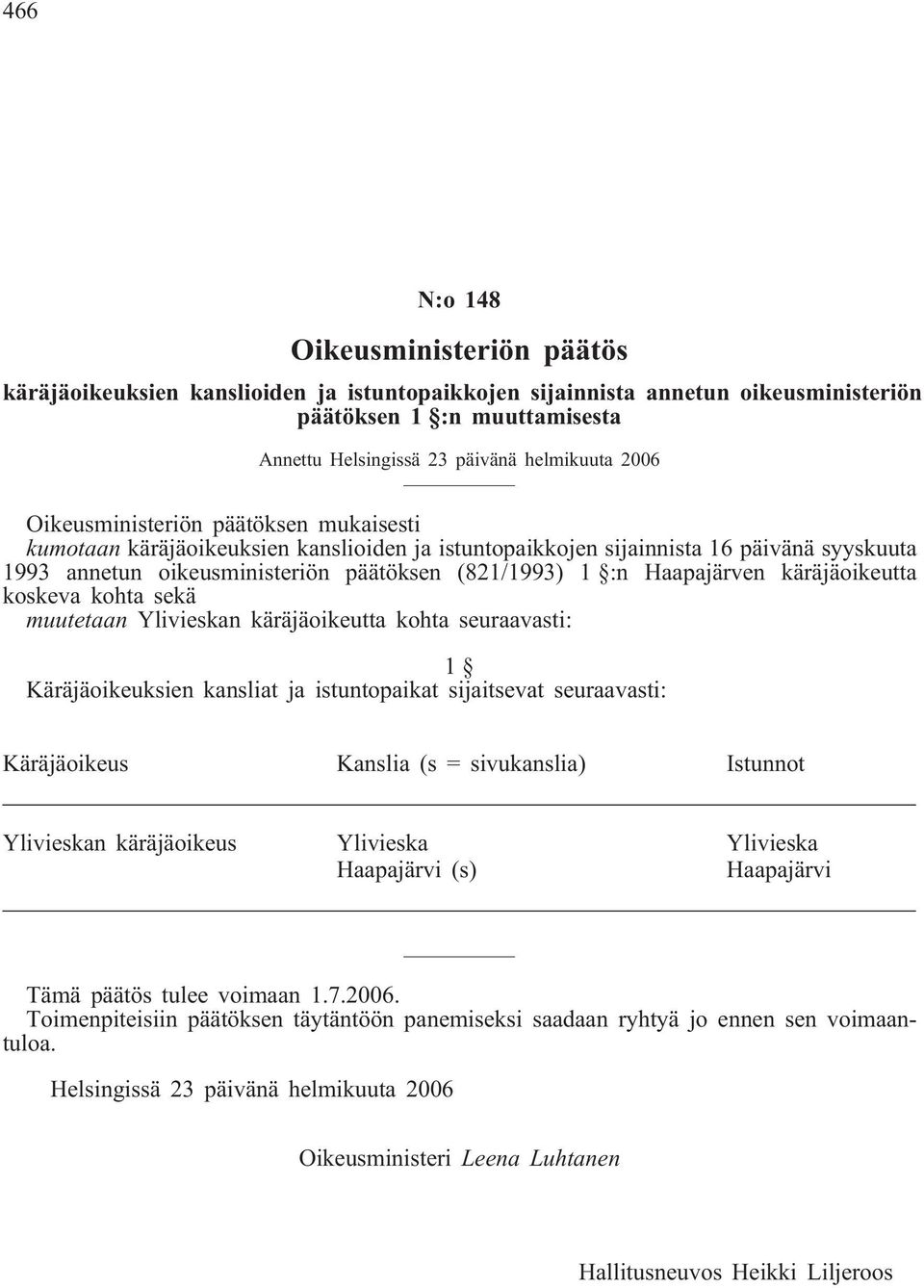 käräjäoikeutta koskeva kohta sekä muutetaan Ylivieskan käräjäoikeutta kohta seuraavasti: 1 Käräjäoikeuksien kansliat ja istuntopaikat sijaitsevat seuraavasti: Käräjäoikeus Kanslia (s = sivukanslia)