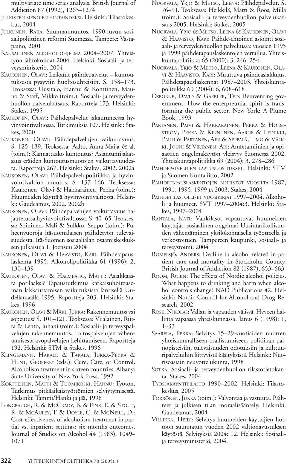 Helsinki: Sosiaali- ja terveysministeriö, 2004 KAUKONEN, OLAVI: Leikatut päihdepalvelut kuntoutuksesta pysyviin huoltosuhteisiin. S. 158 173.
