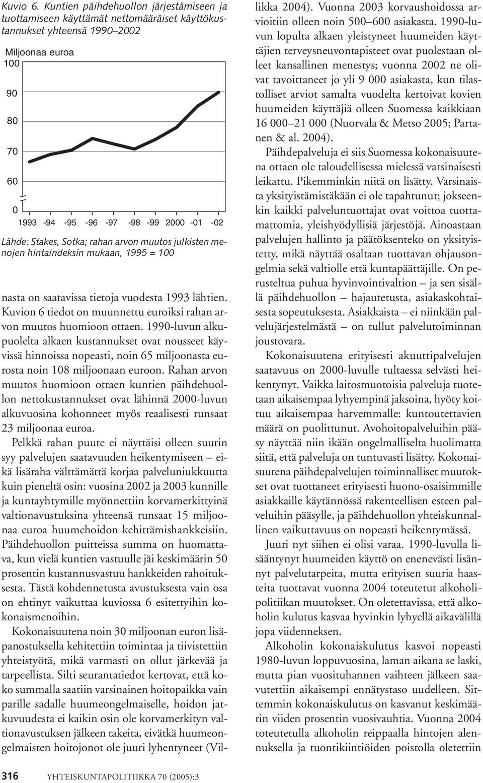 Stakes, Sotka; rahan arvon muutos julkisten menojen hintaindeksin mukaan, 1995 = 100 nasta on saatavissa tietoja vuodesta 1993 lähtien.