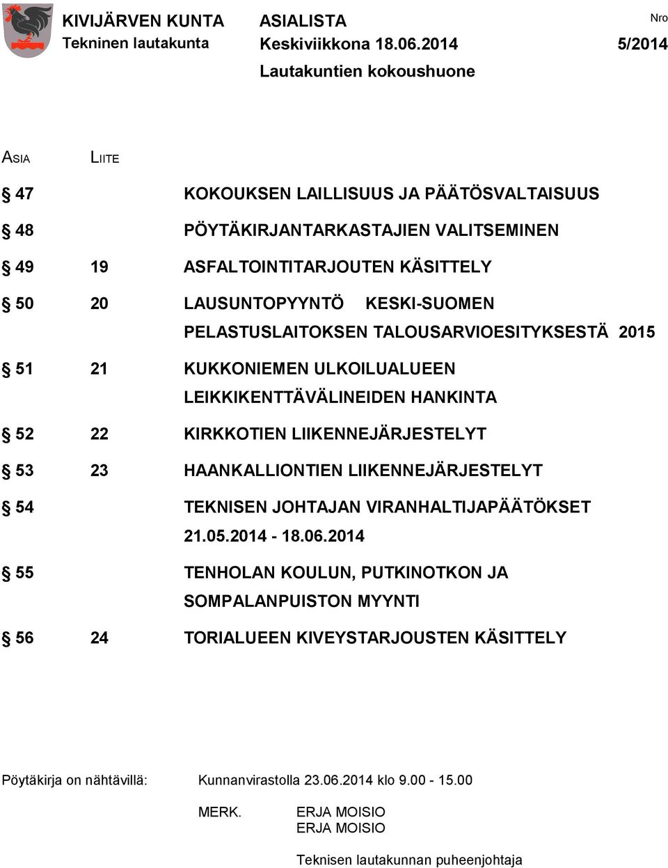 52 22 KIRKKOTIEN LIIKENNEJÄRJESTELYT 53 23 HAANKALLIONTIEN LIIKENNEJÄRJESTELYT 54 TEKNISEN JOHTAJAN VIRANHALTIJAPÄÄTÖKSET 21.05.