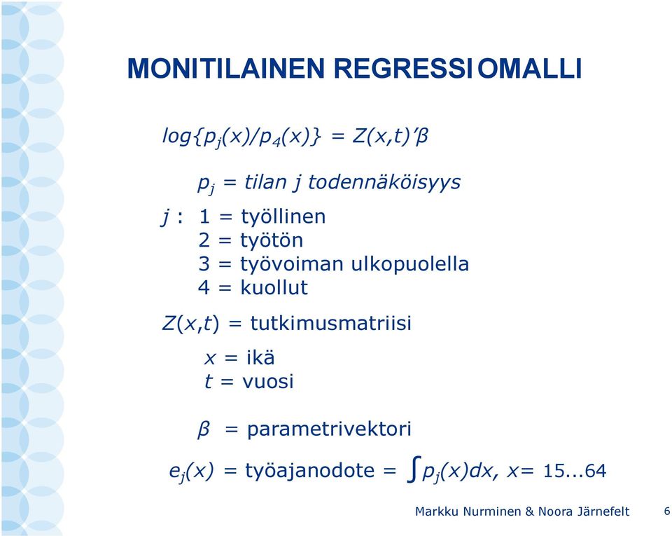 kuollut Z(x,t) = tutkimusmatriisi x = ikä t = vuosi β = parametrivektori e j