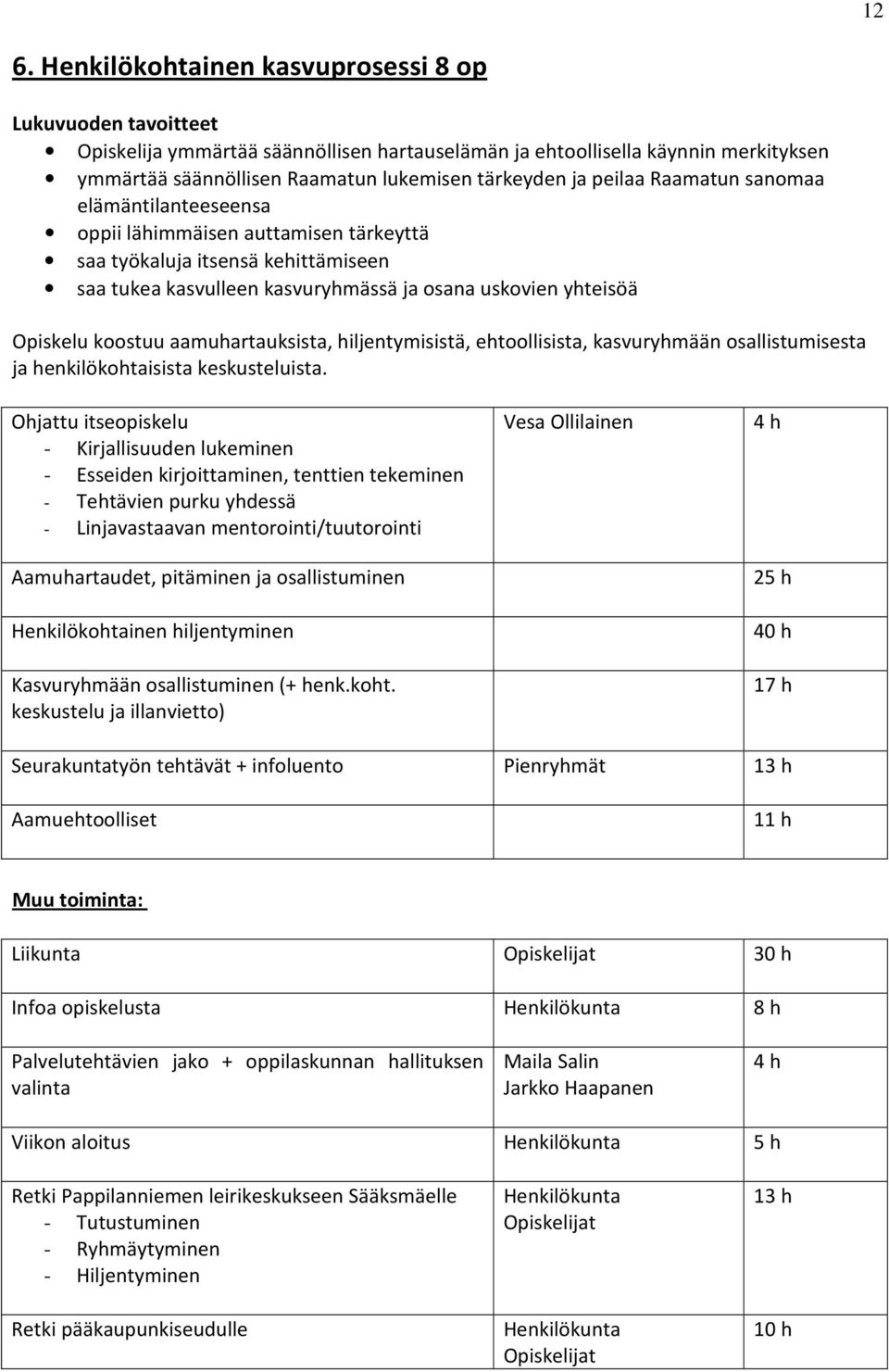 koostuu aamuhartauksista, hiljentymisistä, ehtoollisista, kasvuryhmään osallistumisesta ja henkilökohtaisista keskusteluista.