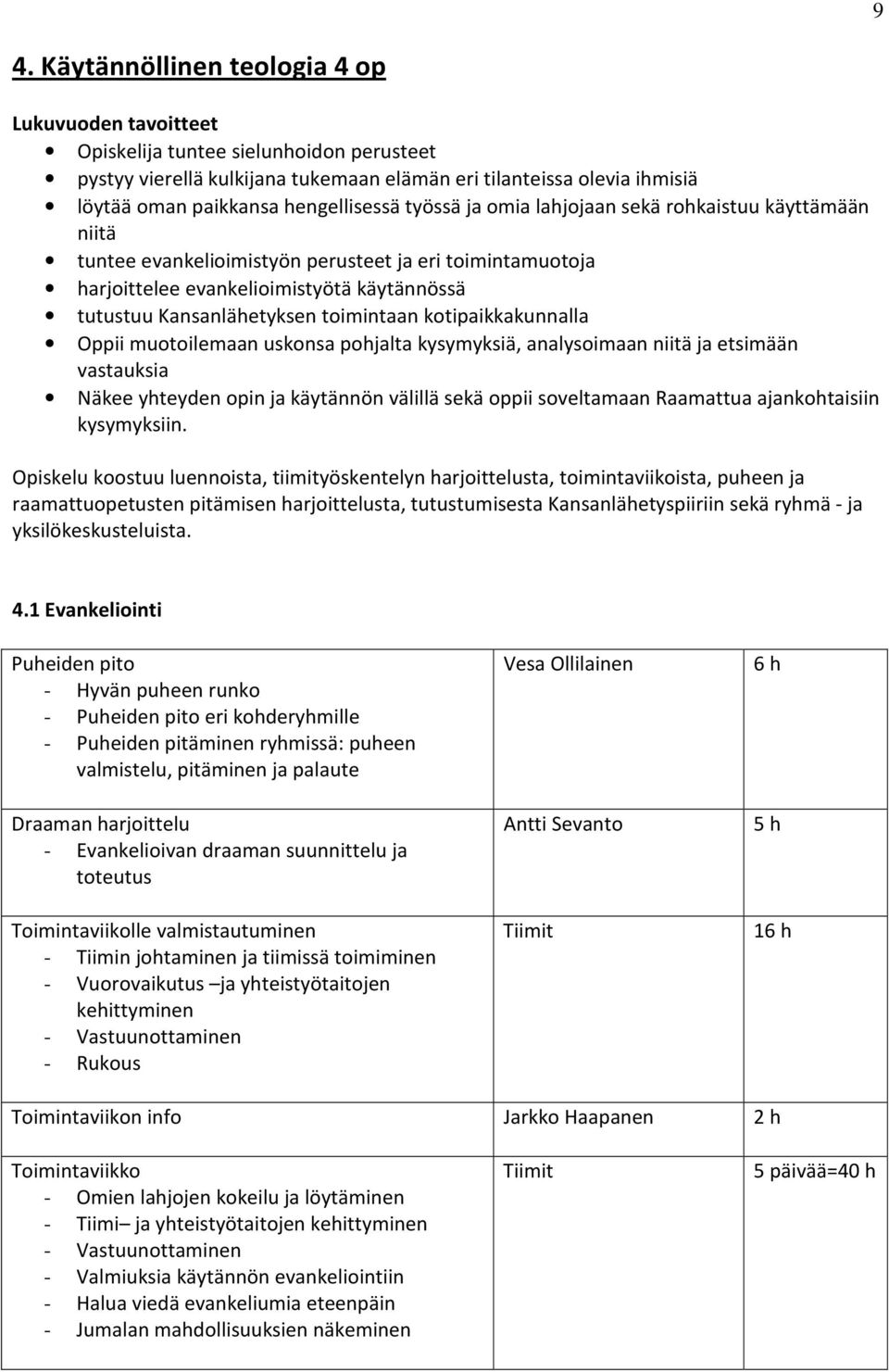 toimintaan kotipaikkakunnalla Oppii muotoilemaan uskonsa pohjalta kysymyksiä, analysoimaan niitä ja etsimään vastauksia Näkee yhteyden opin ja käytännön välillä sekä oppii soveltamaan Raamattua
