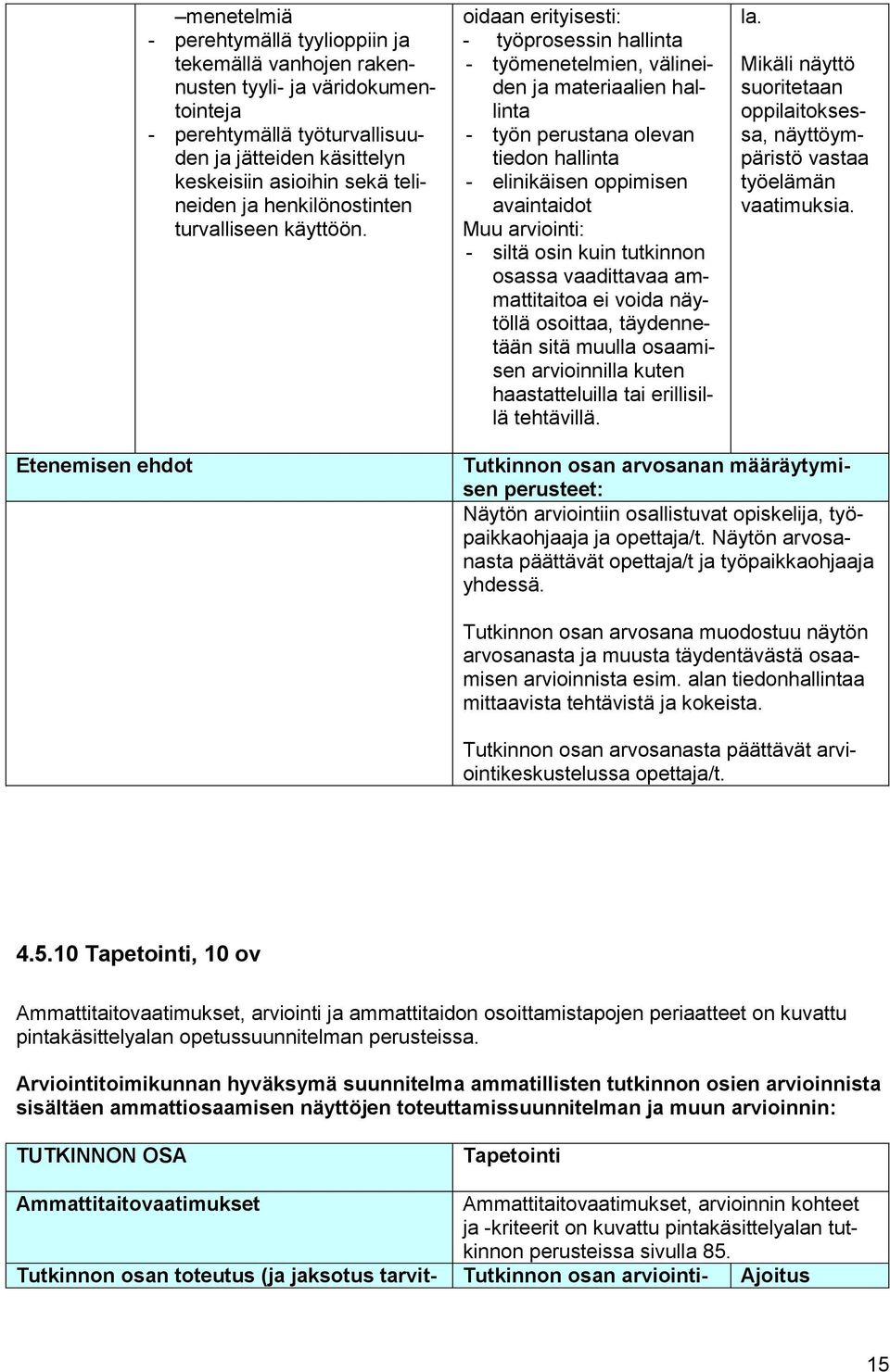 oidaan erityisesti: - työprosessin hallinta - työmenetelmien, välineiden ja materiaalien hallinta - työn perustana olevan tiedon hallinta - elinikäisen oppimisen avaintaidot Muu arviointi: - siltä