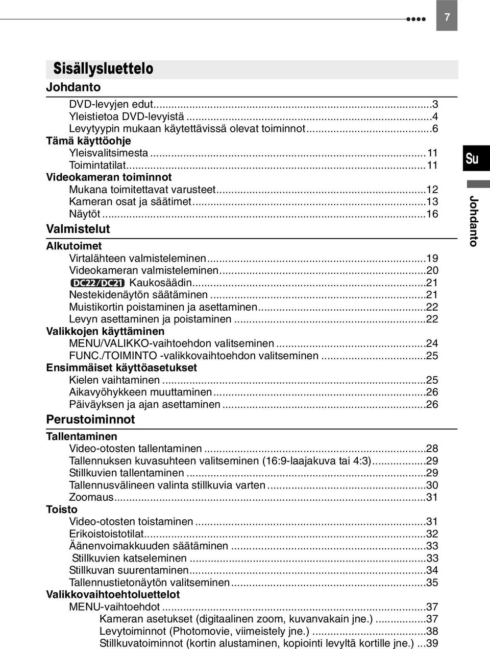 ..20 Kaukosäädin...21 Nestekidenäytön säätäminen...21 Muistikortin poistaminen ja asettaminen...22 Levyn asettaminen ja poistaminen...22 Valikkojen käyttäminen /VALIKKO-vaihtoehdon valitseminen.